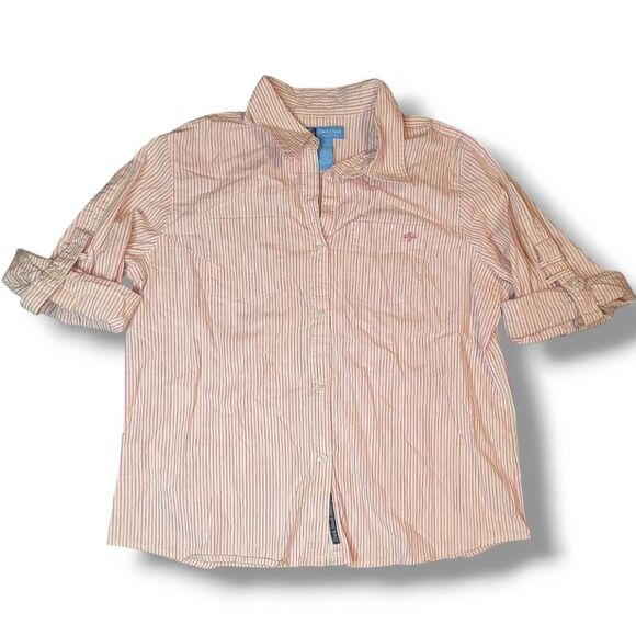 Duck Head Jeans Co Pink Yellow Stripe 3/4 Roll Sleeve Button Down … - Picture 1 of 11